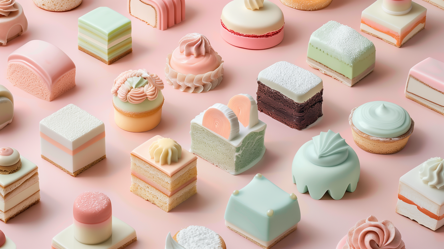 An assortment of pastel decorated pastries on a pink background