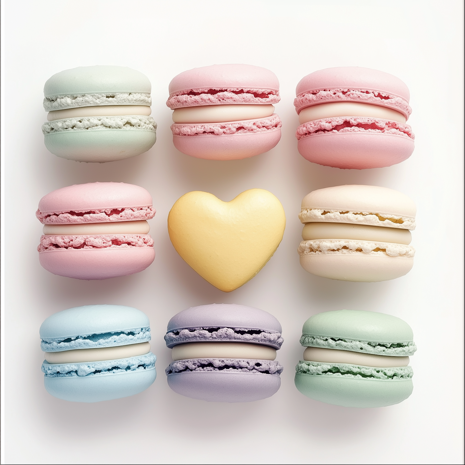 Pastel macarons with a heart-shaped cookie centerpiece
