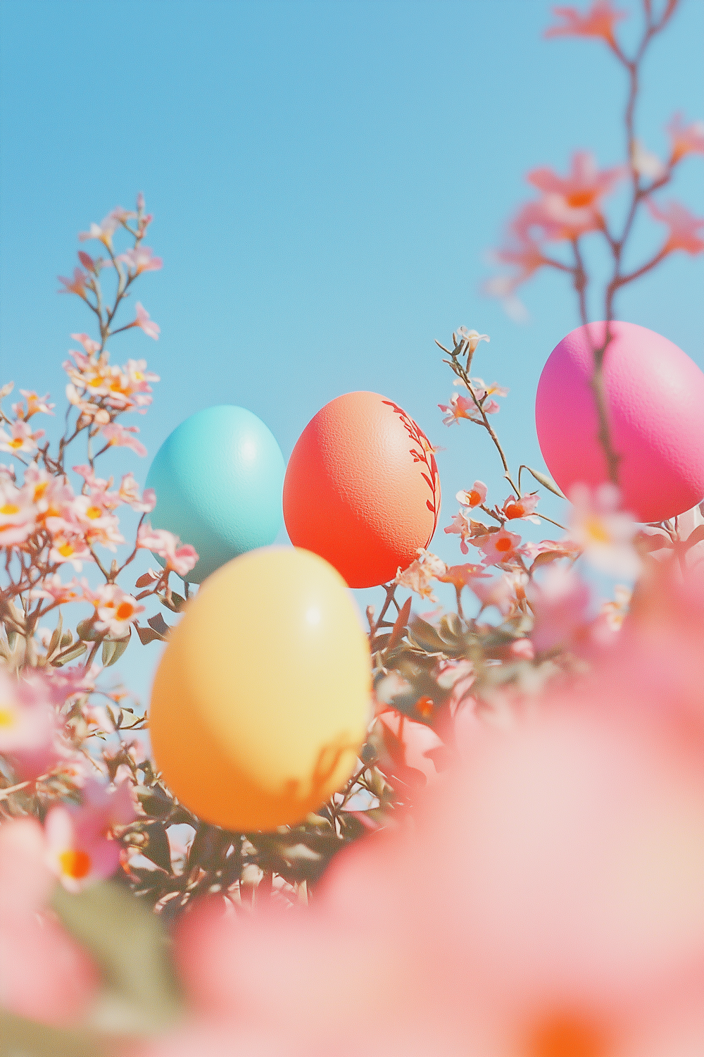 Pastel Easter eggs on flowers under a blue sky