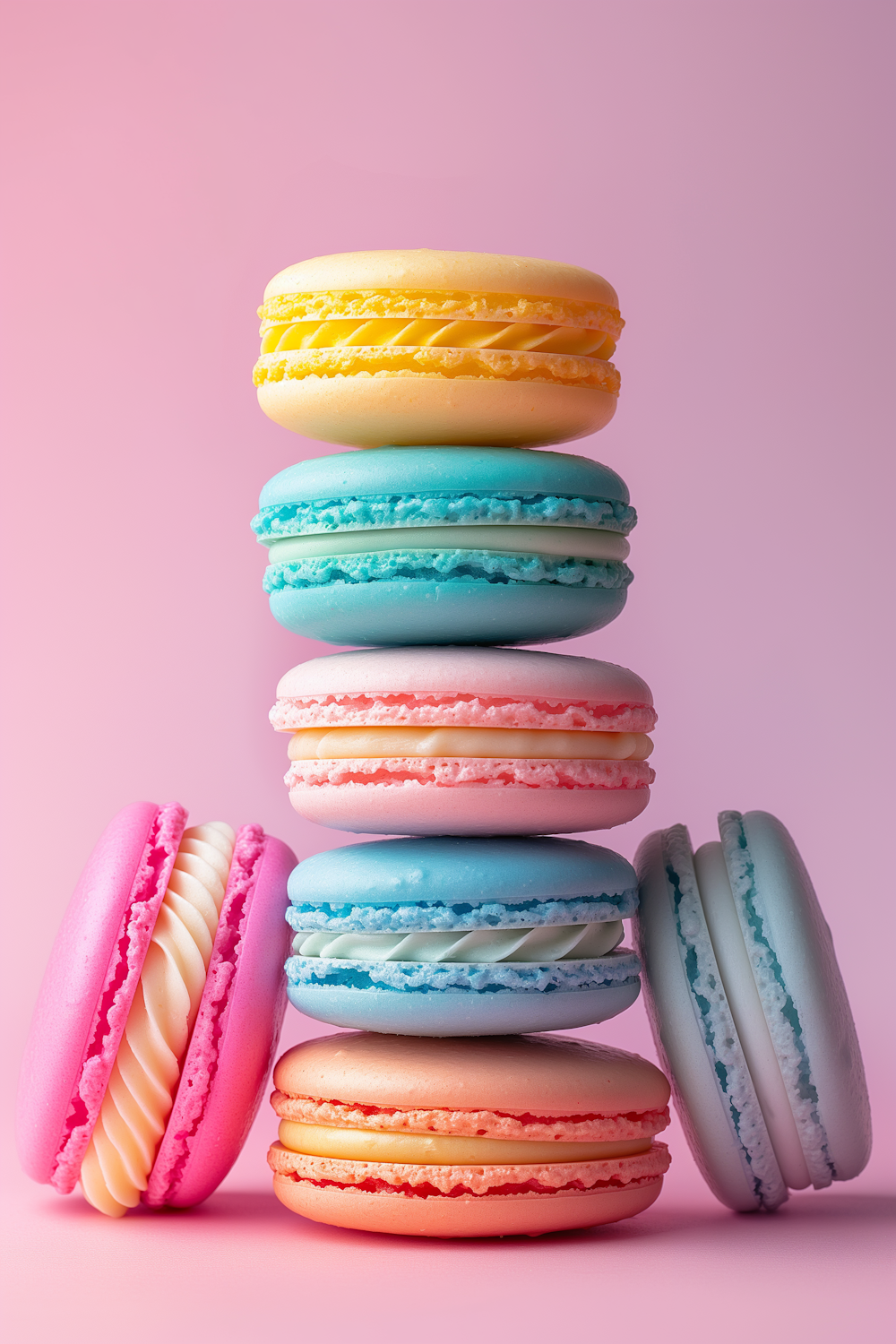 A stack of pastel macarons on a pink surface