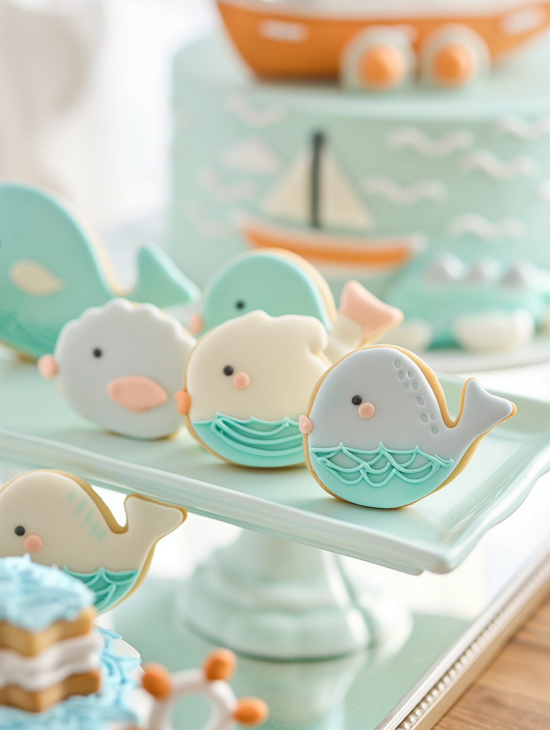 Nautical-themed decorated cookies on a cake stand