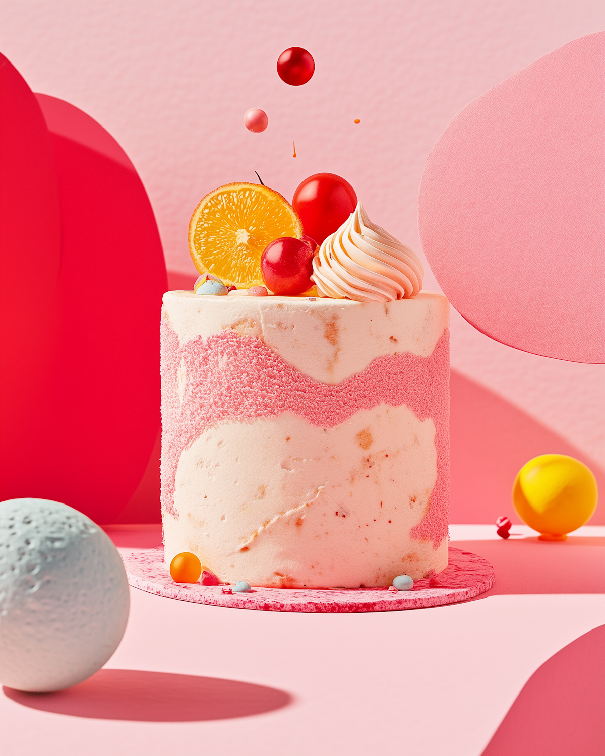 A pink and white marbled cake topped with fruit