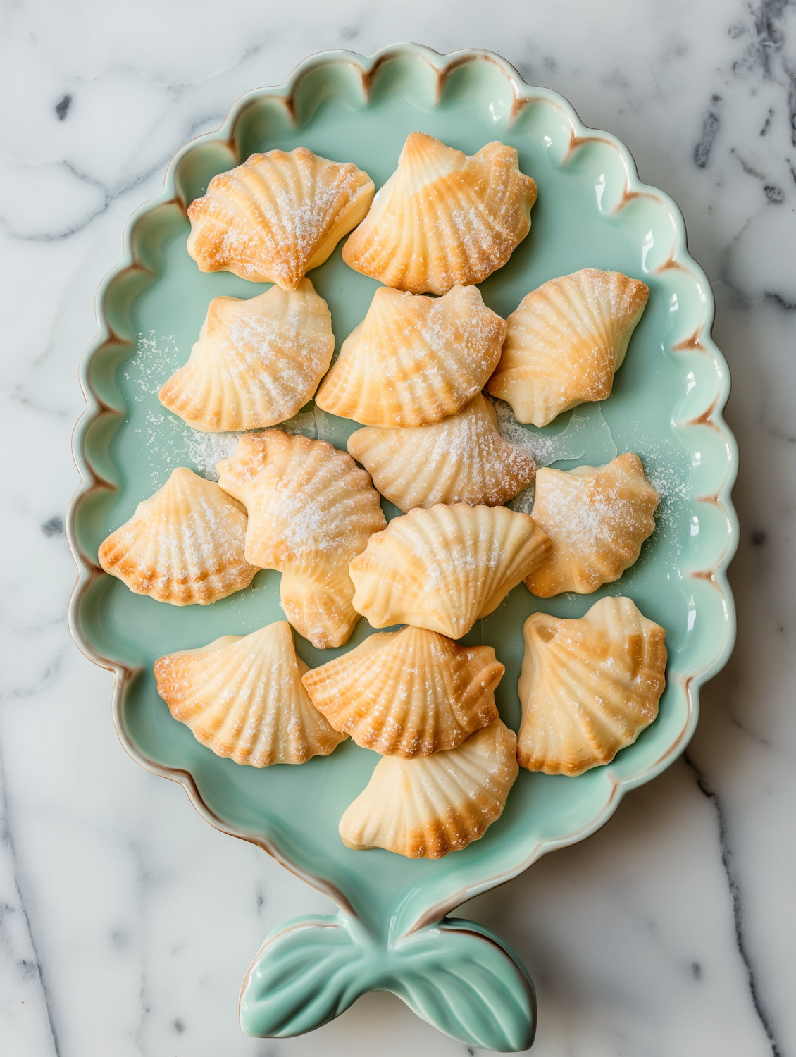 Shell-shaped shortbread cookies dusted with powdered sugar